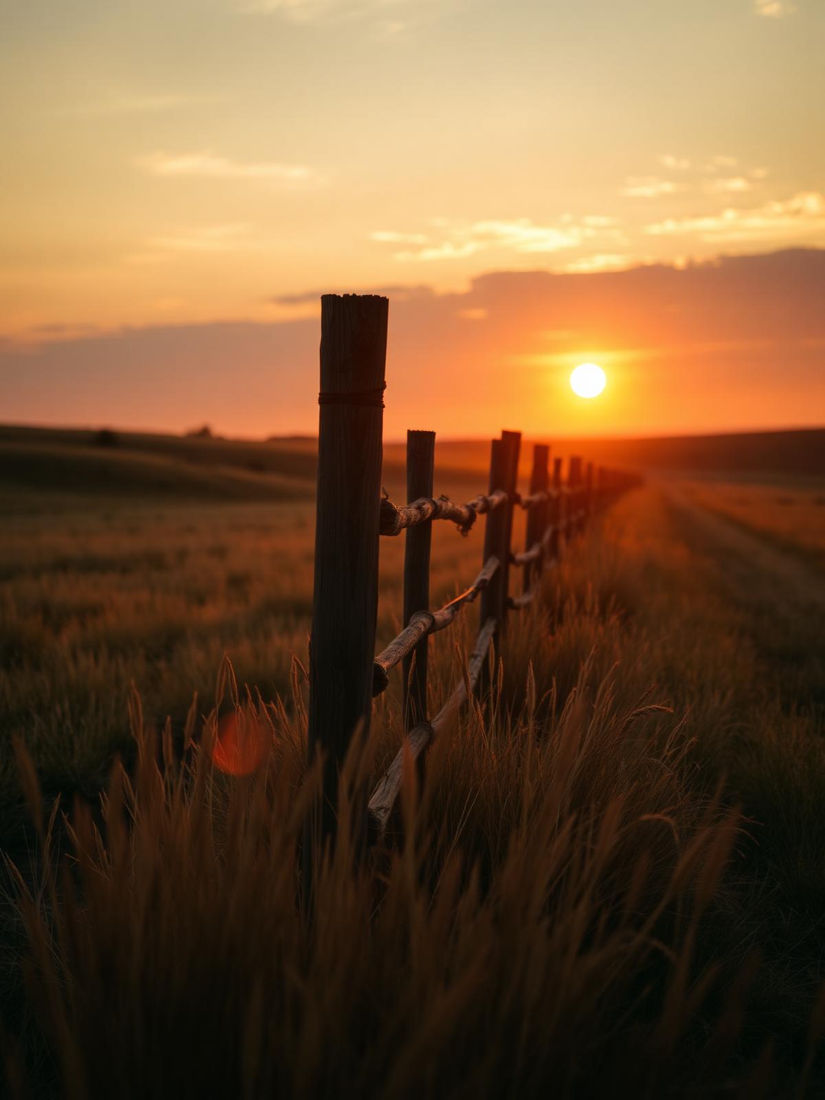 Texas ranch fence line at golden hour
